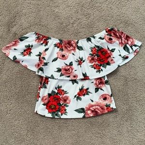 white off-the-shoulder crop top with red flowers